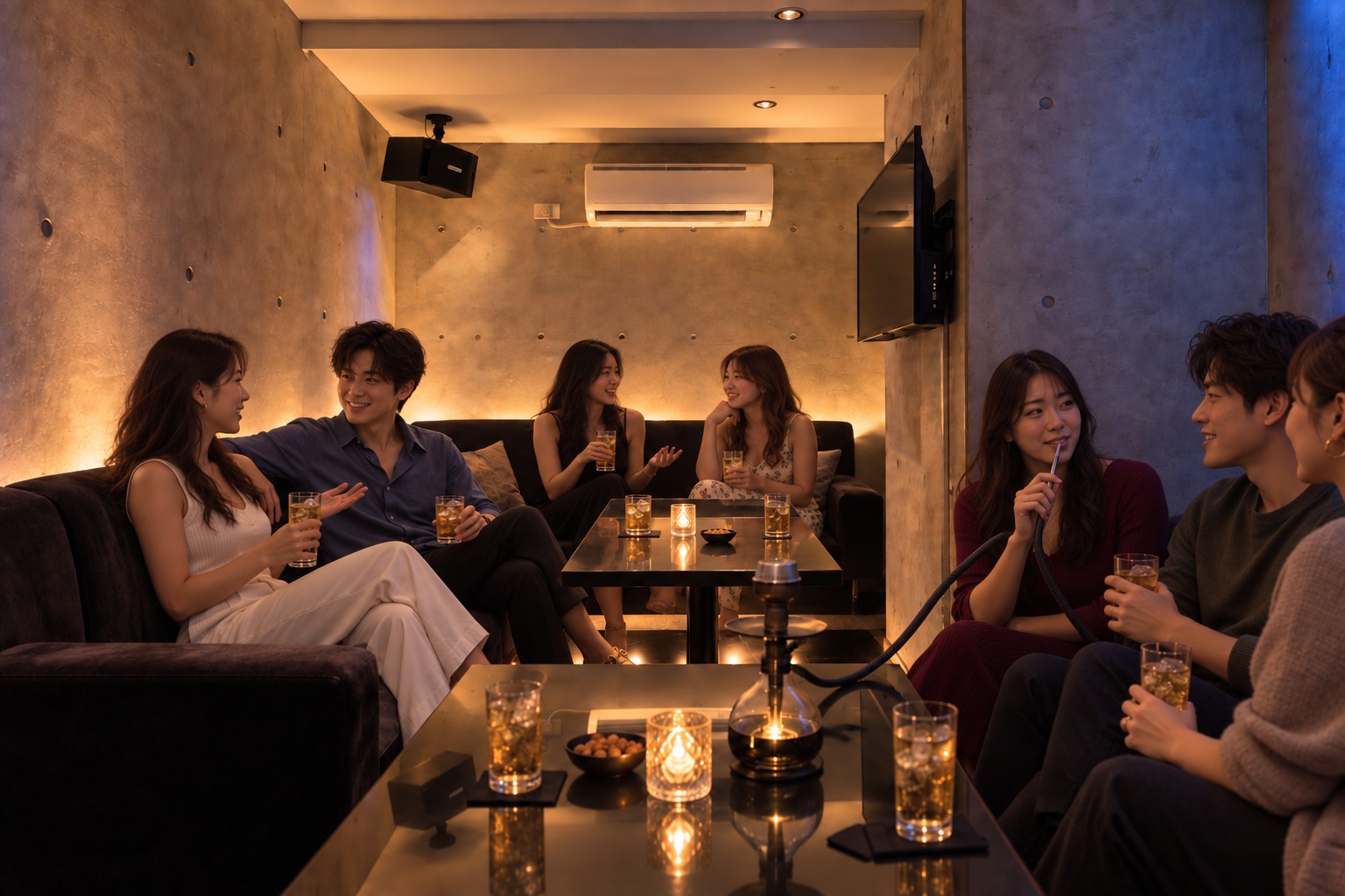 シーシャと会話を楽しむ若いゲスト
