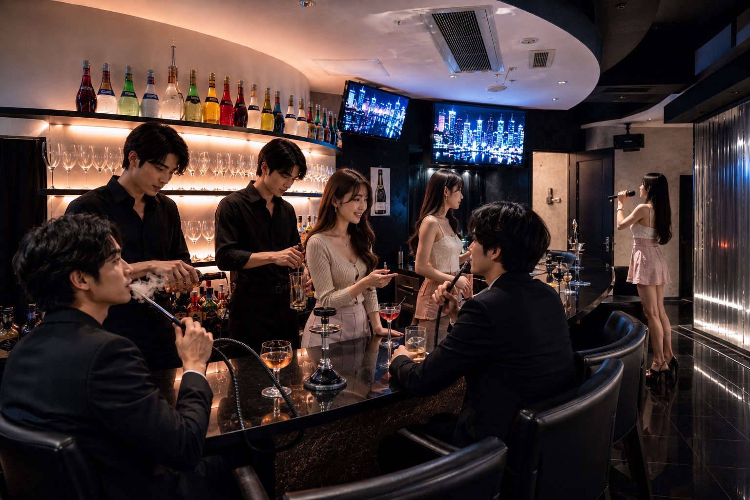 カウンターを囲んで会話を楽しむひととき